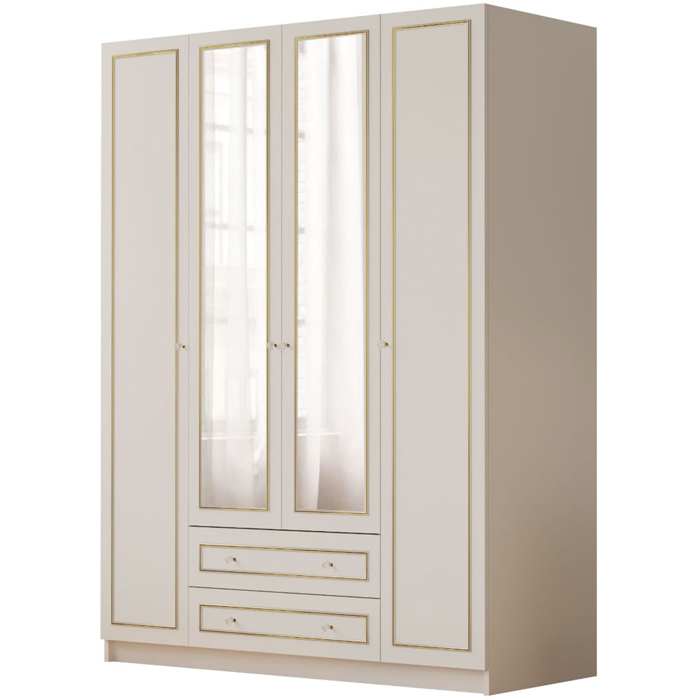 Evu MARIE 4 Door 2 Drawer Gold and White XL Mirrored Wardrobe Image 2