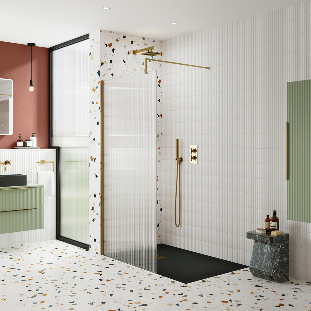 nuie Brushed Brass Fluted Wetroom Screen with Support Bar 1850 x 1000mm Image 2