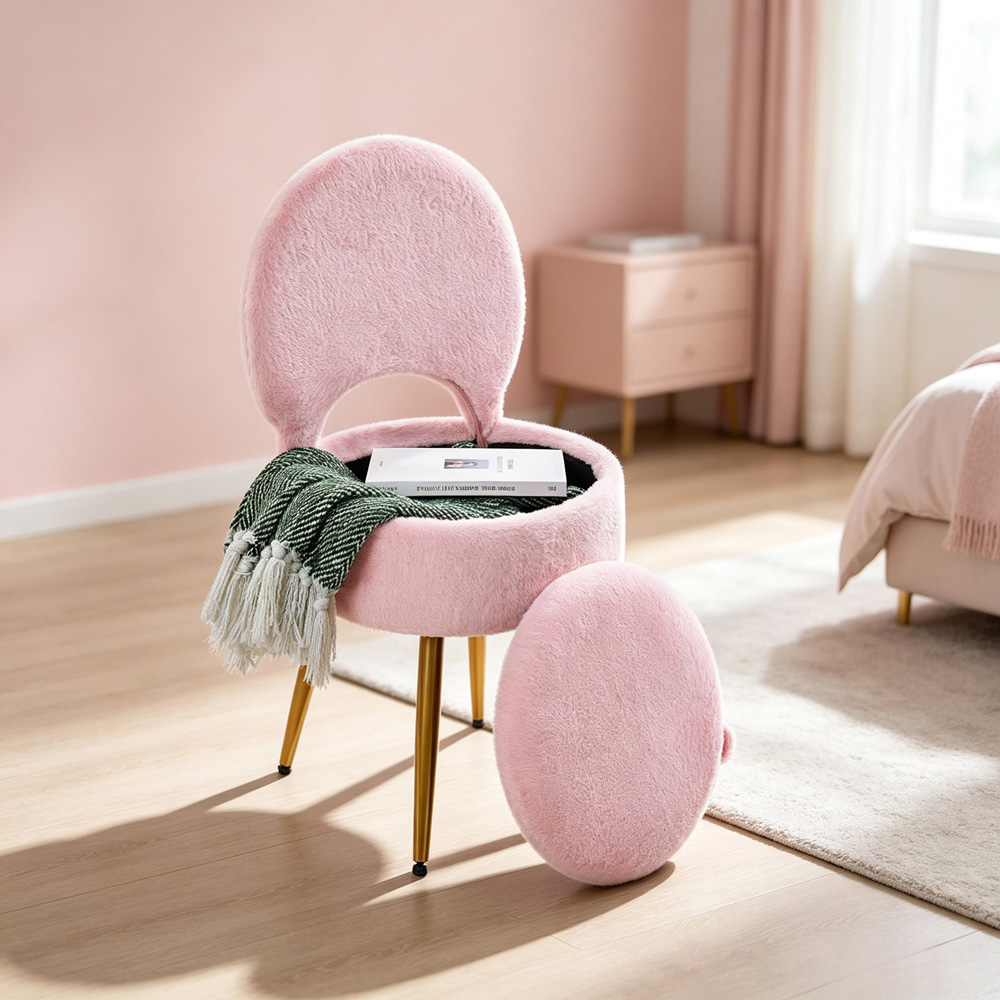Living and Home Pink Faux Rabbit Fur Round Back Foldable Vanity Chair with Storage Image 7