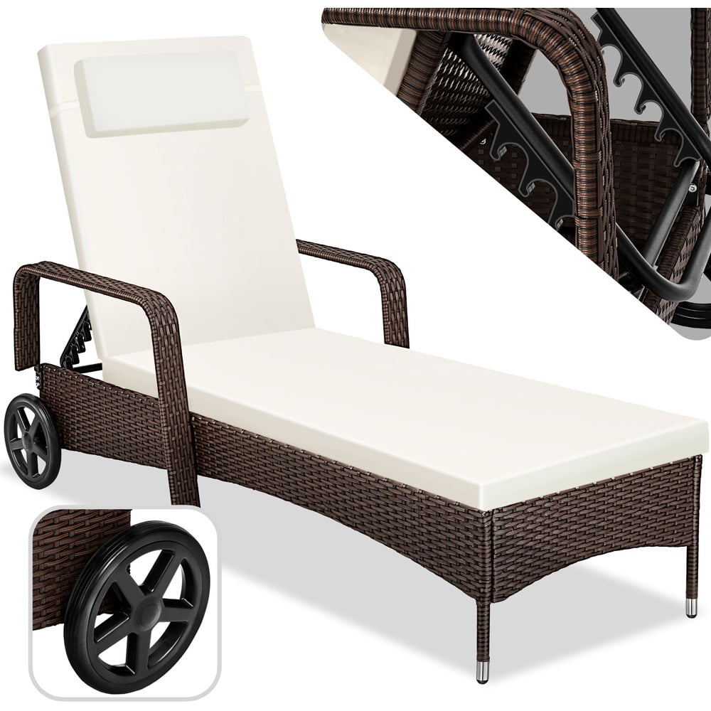 tectake Cassis Mixed Brown 6 Level Adjustable Sun Lounger with Removable Headrest and Wheels Image 2