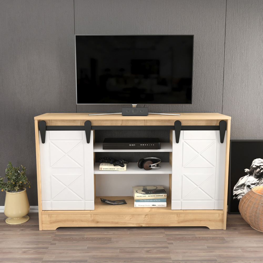 Decorotika Nisay 2 Door 3 Shelf Oak and White TV Unit Image 6