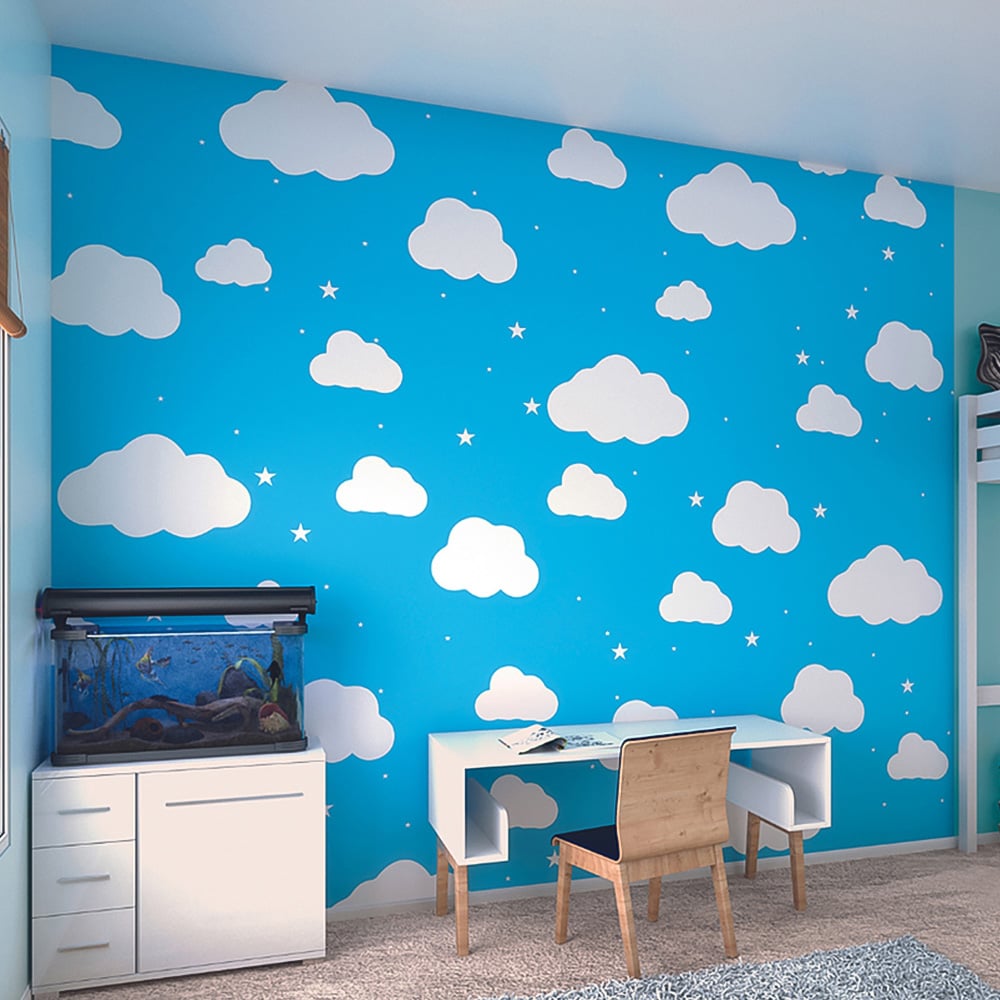 Origin Murals Cartoon Cloudy Sky Blue Wall Mural Image 1
