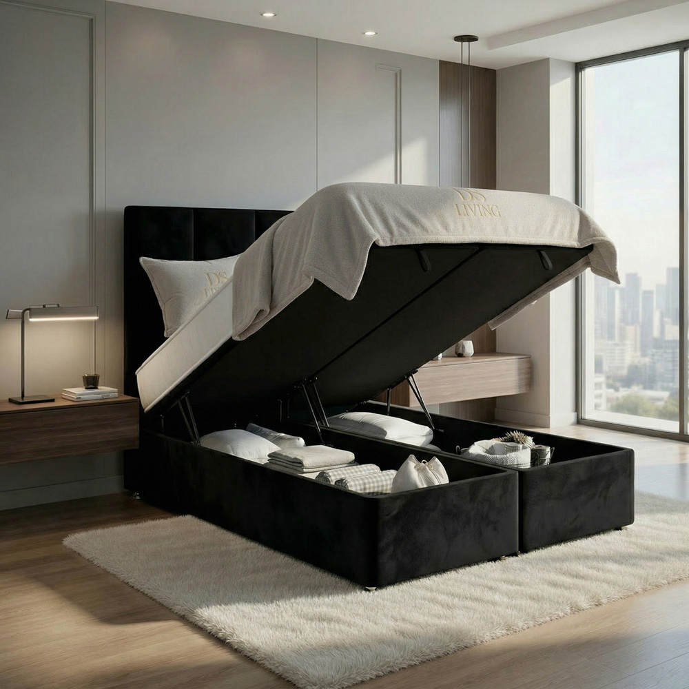 DS Living Harmony Double Black Plush Velvet Ottoman Bed Image 2