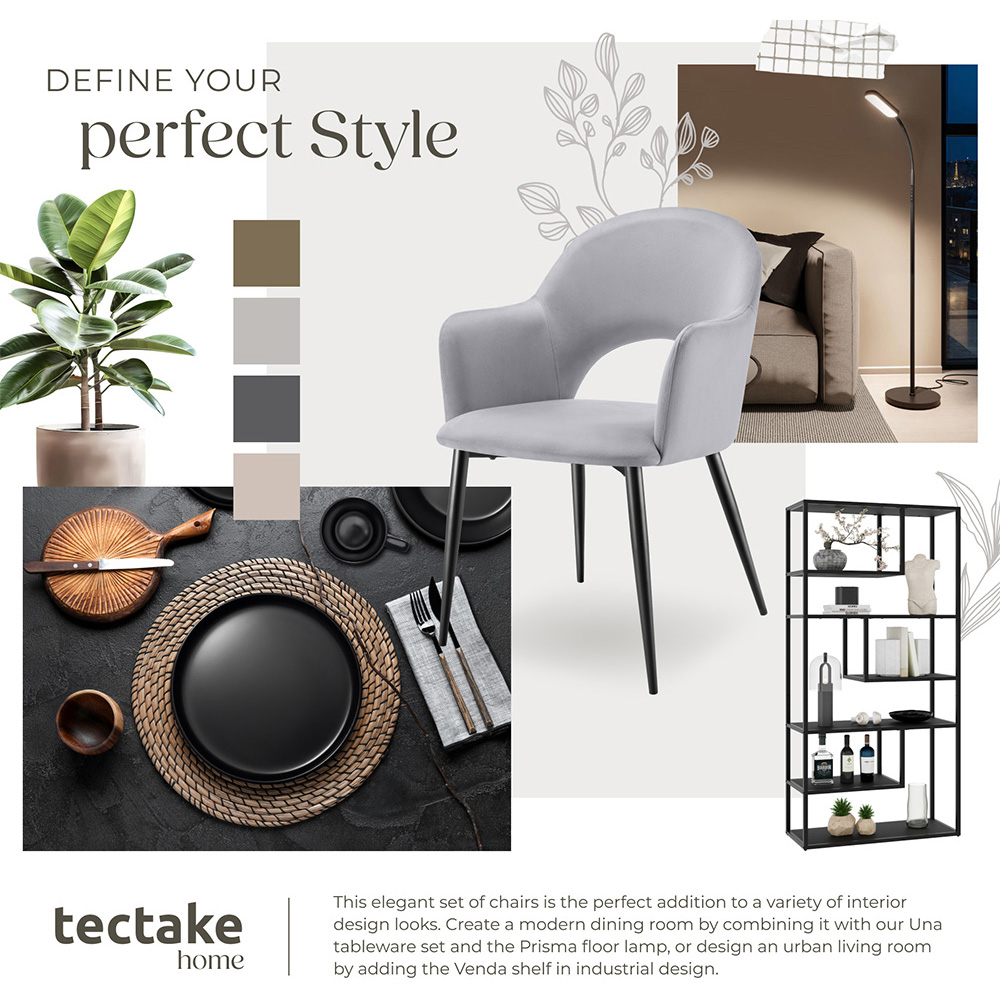 tectake Sasha Set of 2 Light Grey Velvet Dining Chair Image 8