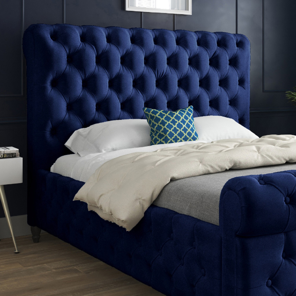 Savana Super King Size Blue Soft Velvet Upholstered Sleigh Bed Frame with Scrolled Headboard Image 3