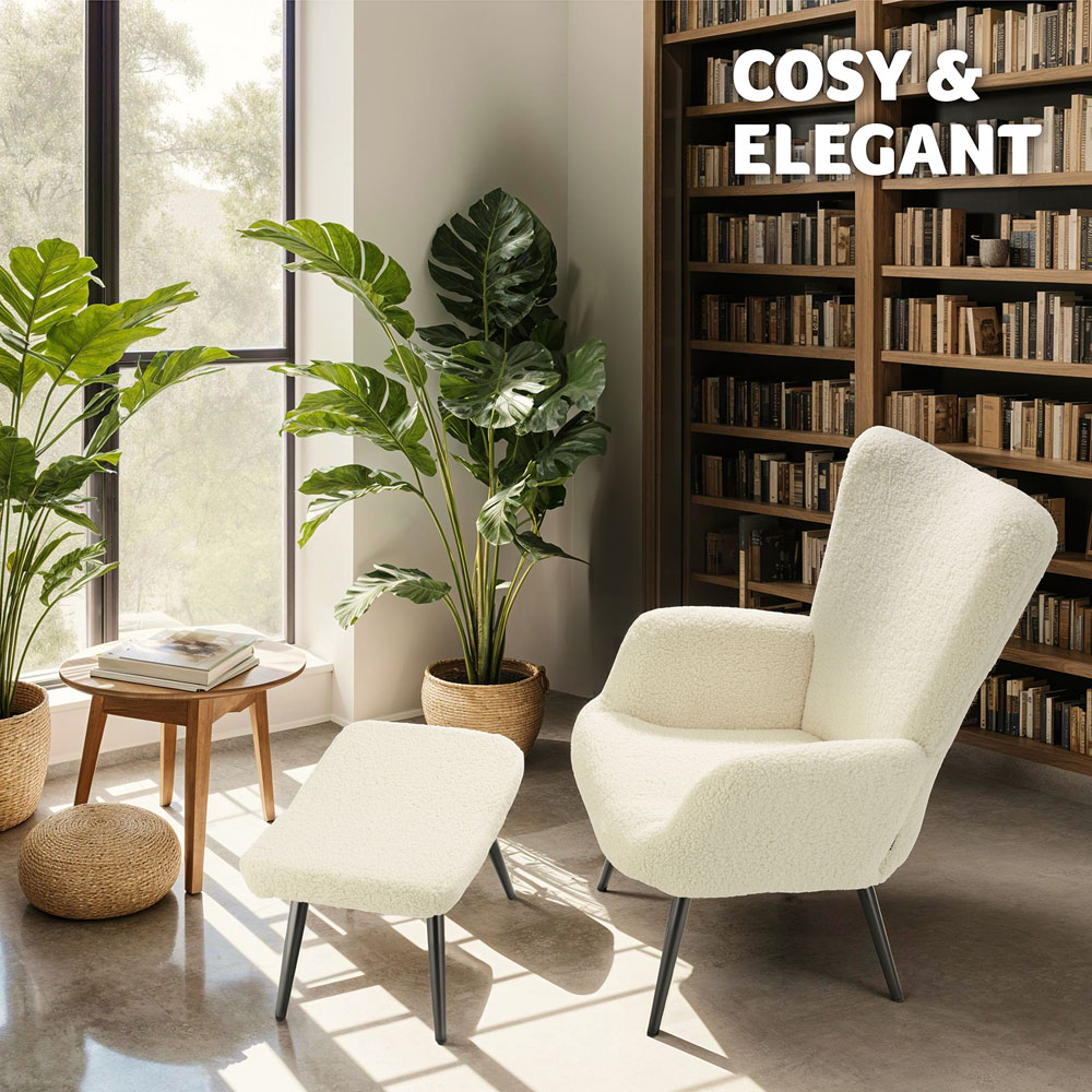 tectake Hygge Cream and Black Boucle Padded Armchair with Stool Image 8