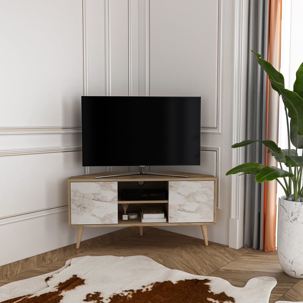 Decorotika Lesson 2 Door 2 Shelf Oud and White Marble Effect Corner TV Stand Image 8