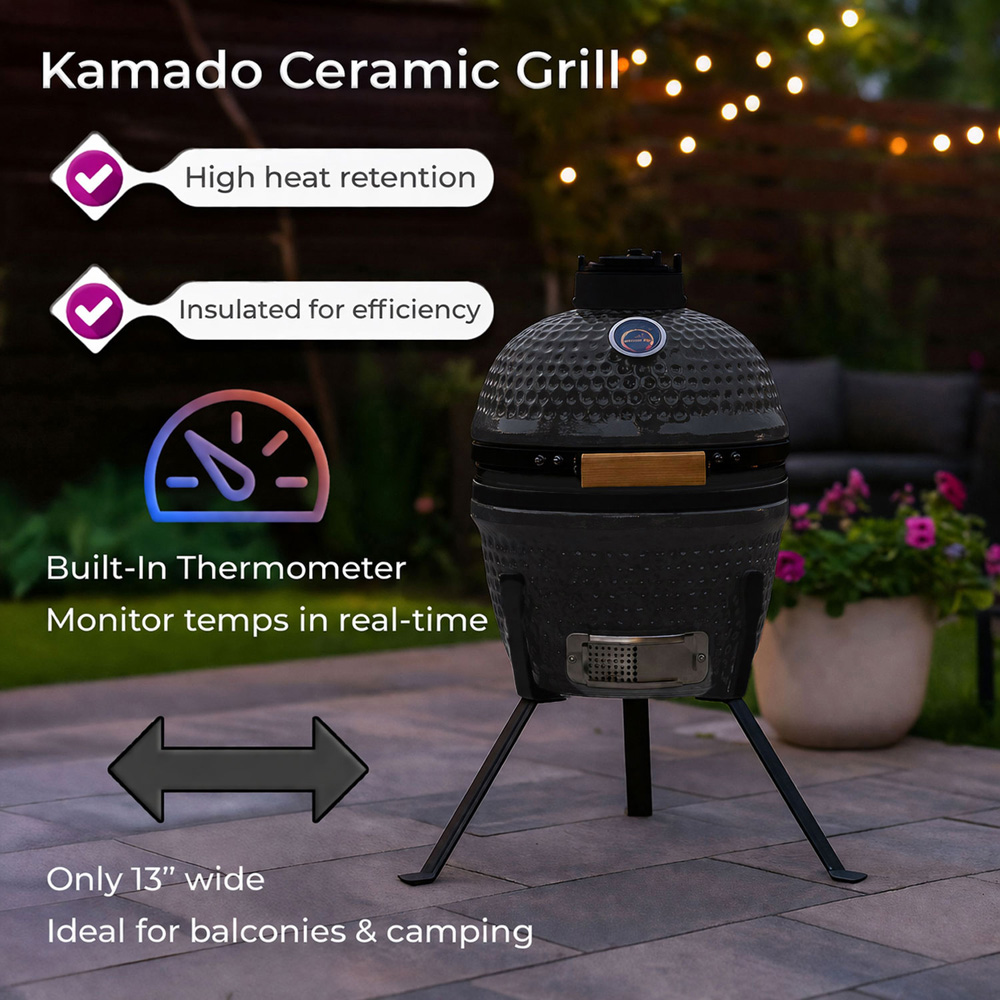 Neo Kamado Grey Portable Ceramic 13 inch Mini BBQ Grill Smoker with Stand Image 7
