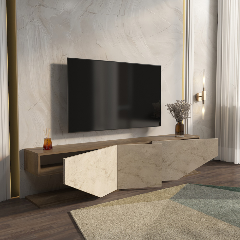 Decorotika Pearl 3 Door Walnut and Traverter Modern TV Unit Image 5