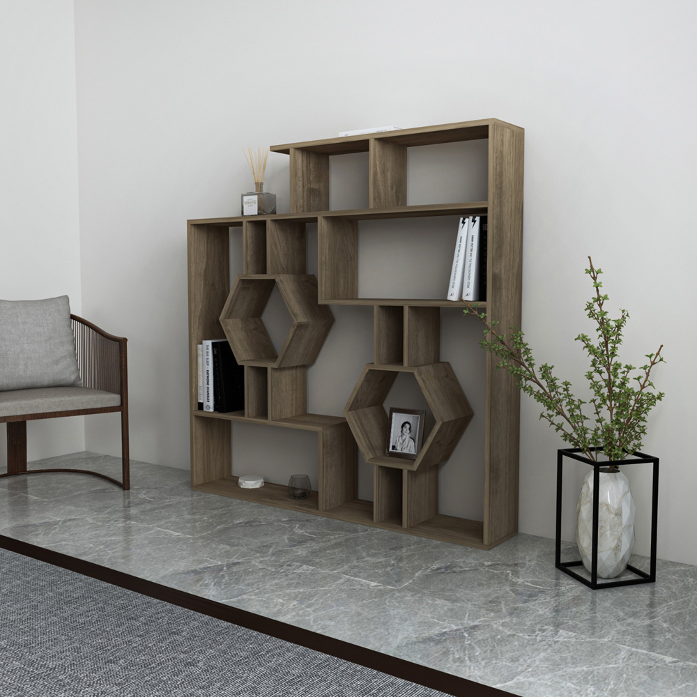 Decorotika Tamara Walnut Geometric Unique Bookshelf Image 5