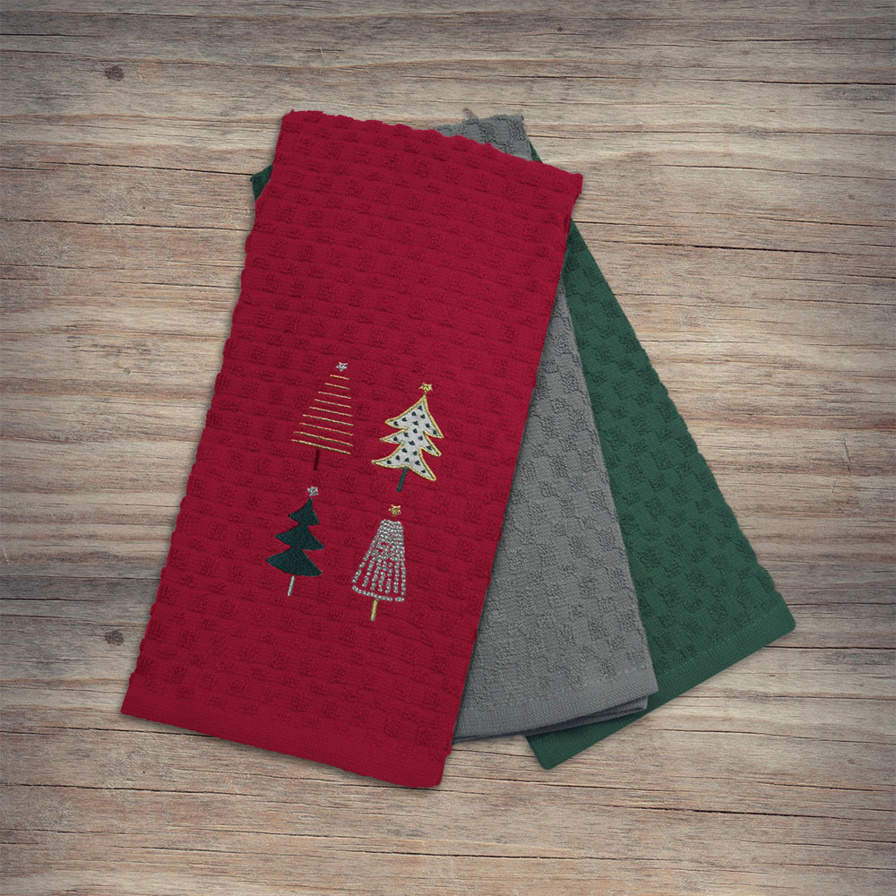 Noel Square Xmas Trees Red Tea Towel 3 Pack Image 2
