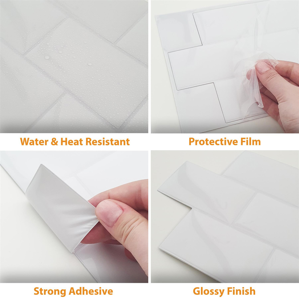 Wallplus Pure White Glossy Subway Metro Classic Brick 3D Wall Tile Sticker 30.5 x 15.4cm 80 Pack Image 8