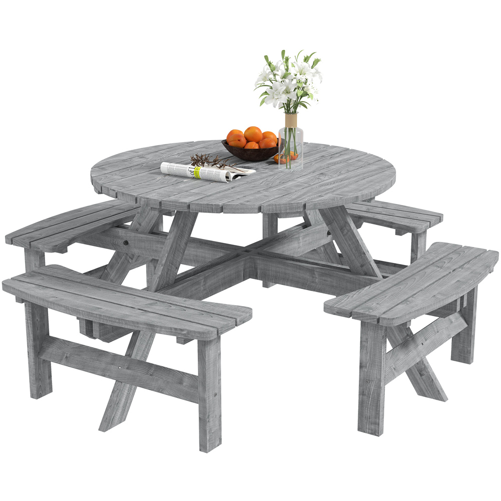 Outsunny 8 Seater Wooden Garden Dining Bench Set with Parasol Hole Grey Image 2