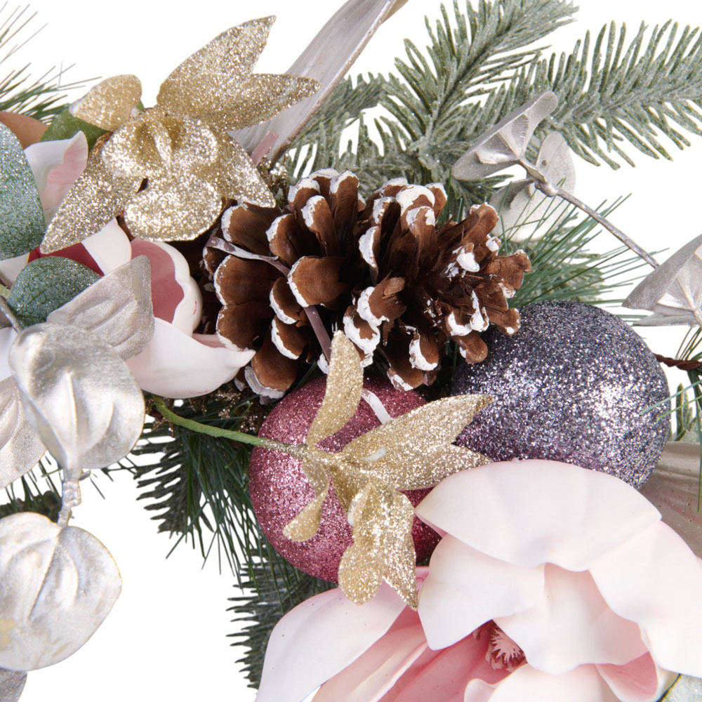 Christmas Wintery Foliage Blush Flower and Bauble Wreath Image 3