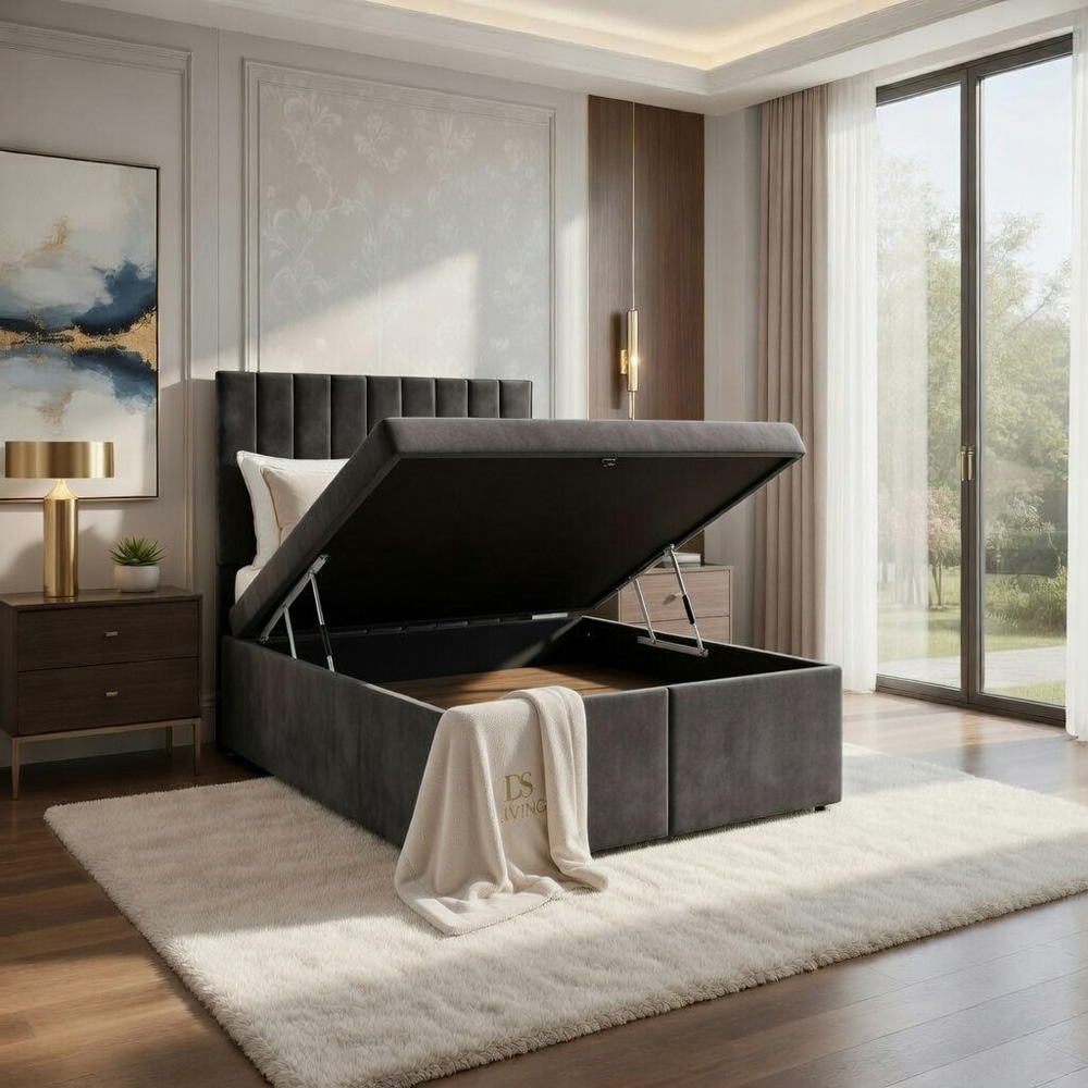 DS Living Aria King Size Grey Plush Ottoman Bed Image 2