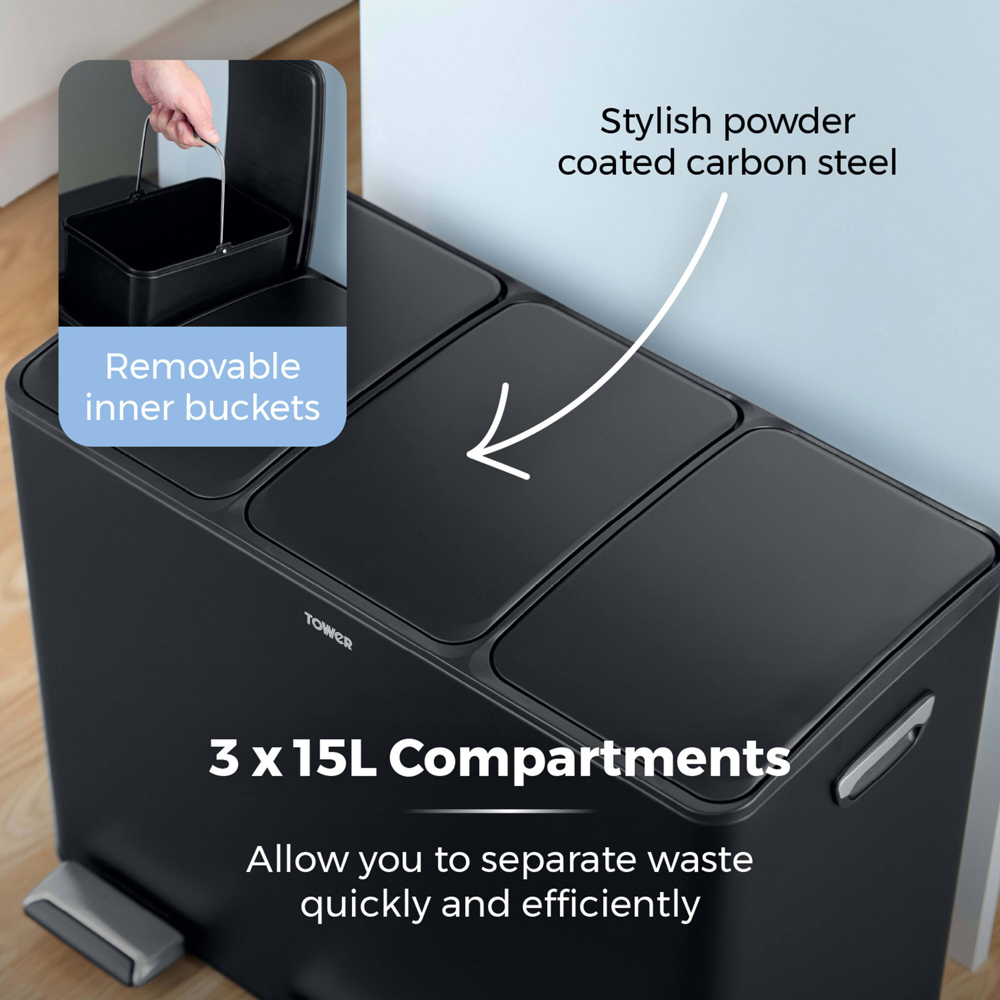 Tower Triple Recycling Black Pedal Bin 45L Image 5