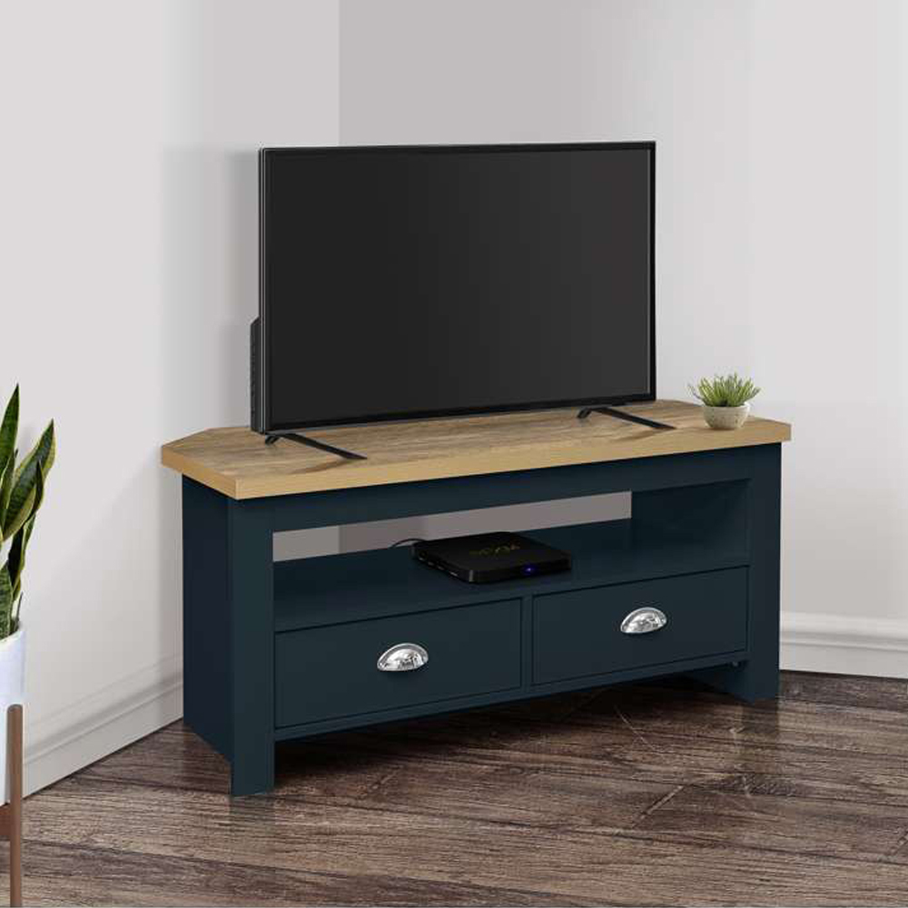 Highgate 2 Drawer Navy and Oak Corner TV Unit Image 7
