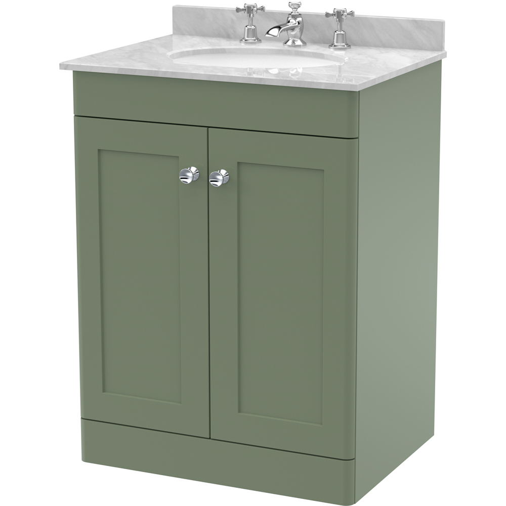 nuie Classique 2 Door Satin Green and Grey Floor Standing Unit and 3 Tap Hole Marble Basin 600mm Image 1