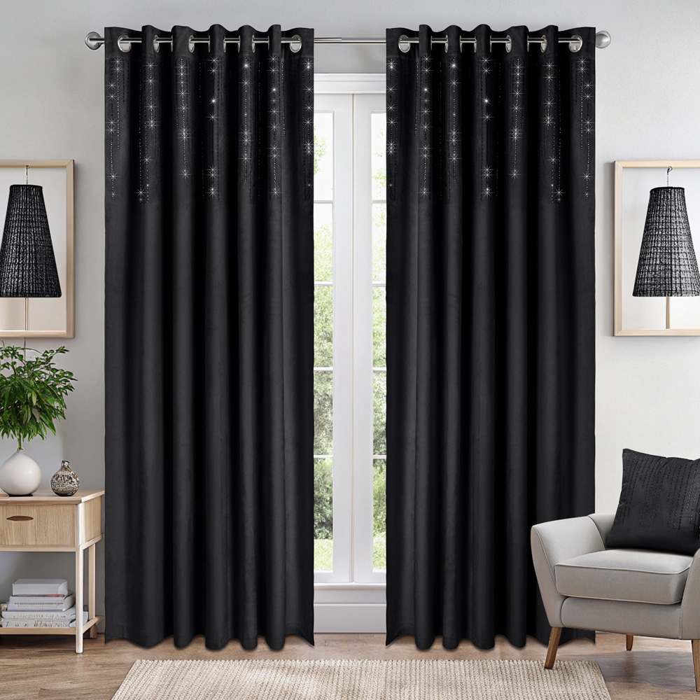 Alan Symonds Black Cascading Diamante Studs Velvet Blackout Ring Top Eyelet Curtains 168 x 137cm Image 7