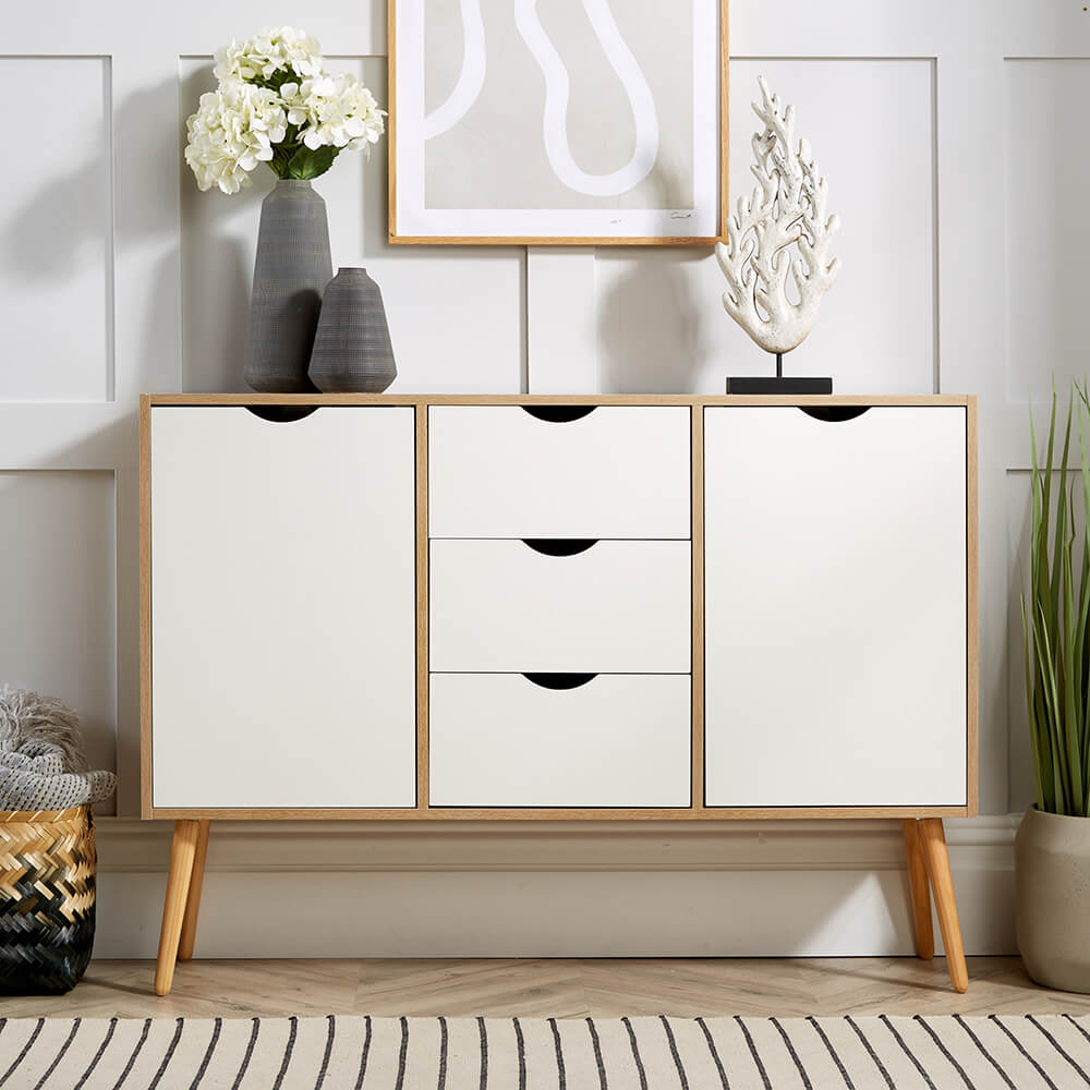 Home Source Boden 2 Door 3 Drawer White and Oak Effect Sideboard Image 7