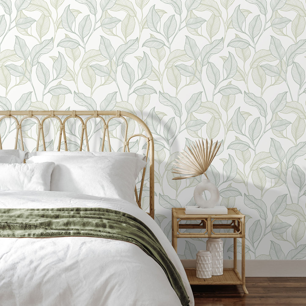 Grandeco Nardy Falling Leaves Blown Vinyl Textured Green Wallpaper Image 2