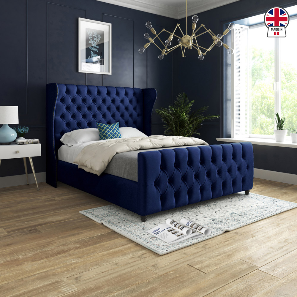 Donati Blue King Size Velvet Upholstered Bed Frame with Straight Curved Top Headboard Image 6