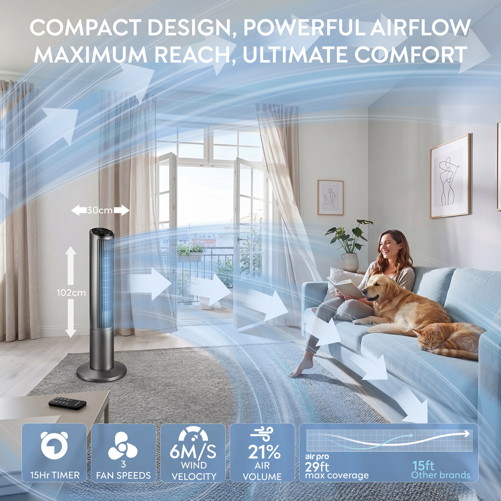 Air Pro Grey SmartVoice Control Oscillating Bladeless Tower Fan with Remote 40 inch Image 9