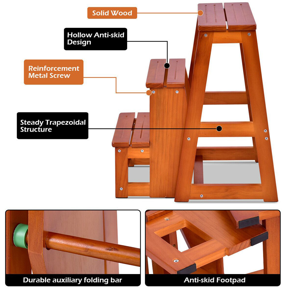 Costway 3 Step Natural Wooden Folding Stool Stepladder Image 2