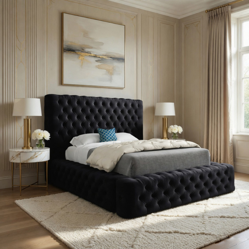 Grand Milan Black King Size Upholstered Bed Frame with Pleated Chesterfield Headboard Image 5