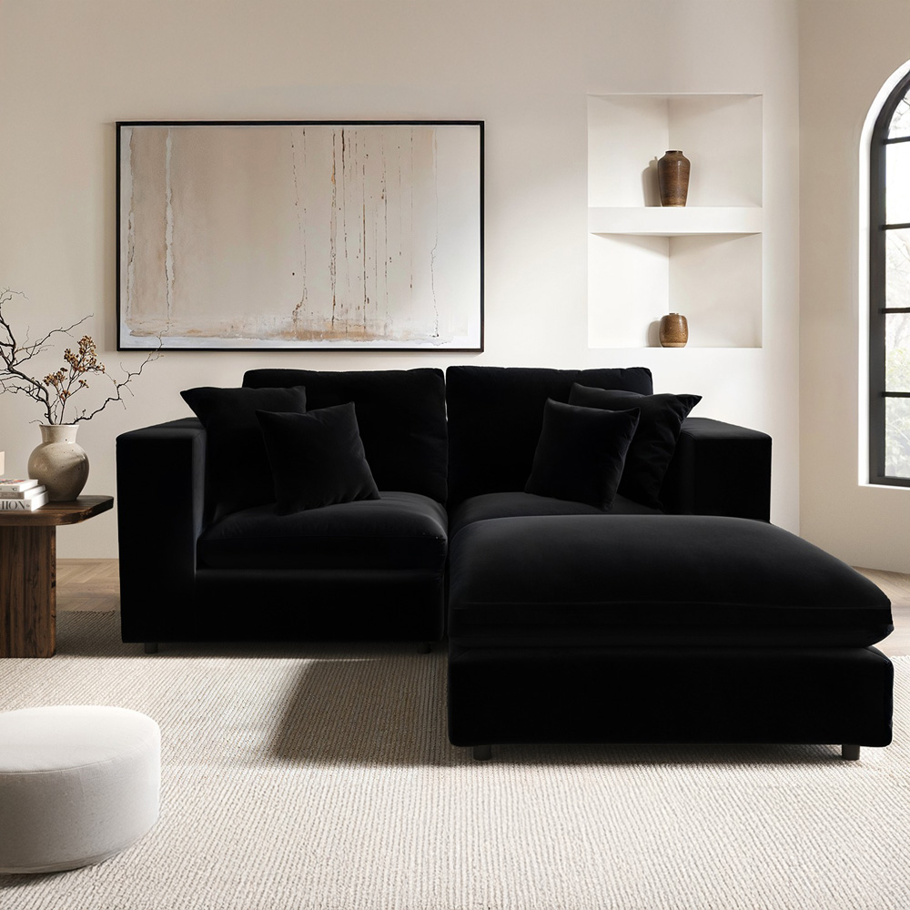 Solace+Co Asher 3 Seater Black Velvet Sofa with Footstool Image 4