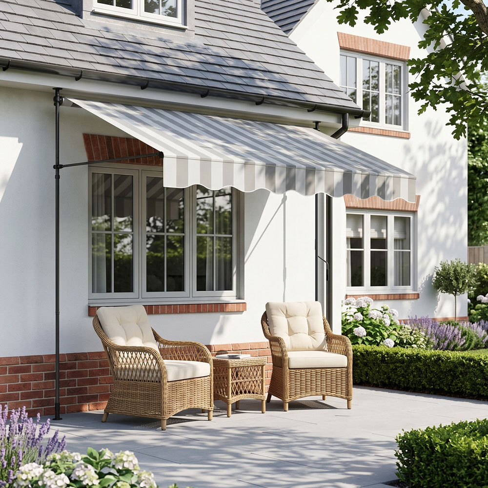 Living and Home Grey and White Wavy Valance Retractable Height Adjustable Awning 3m Image 8
