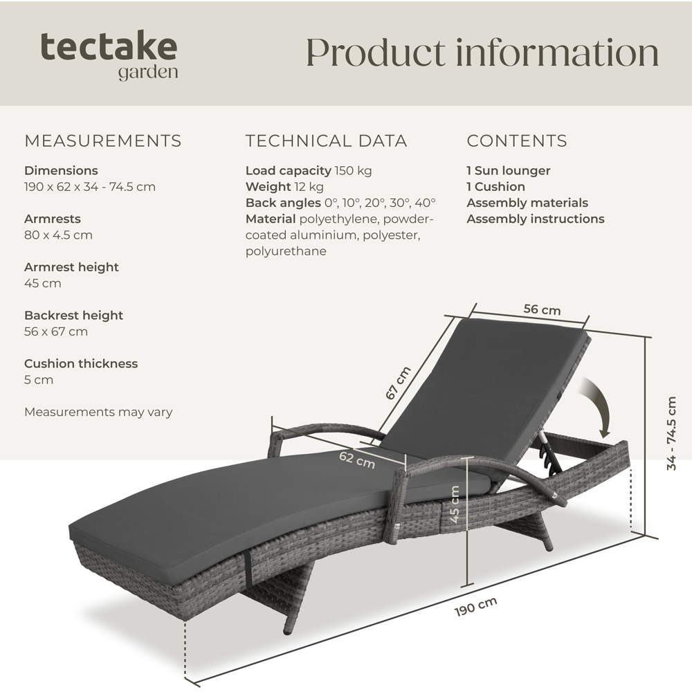 tectake Oceane Grey 5 Level Adjustable Aluminium Frame Sun Lounger Image 9