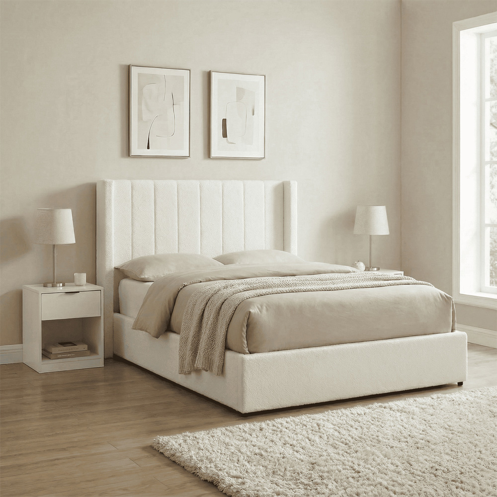 Home Source Alix Double White Boucle Lift-Up Ottoman Bed with Fluted Headboard Image 8