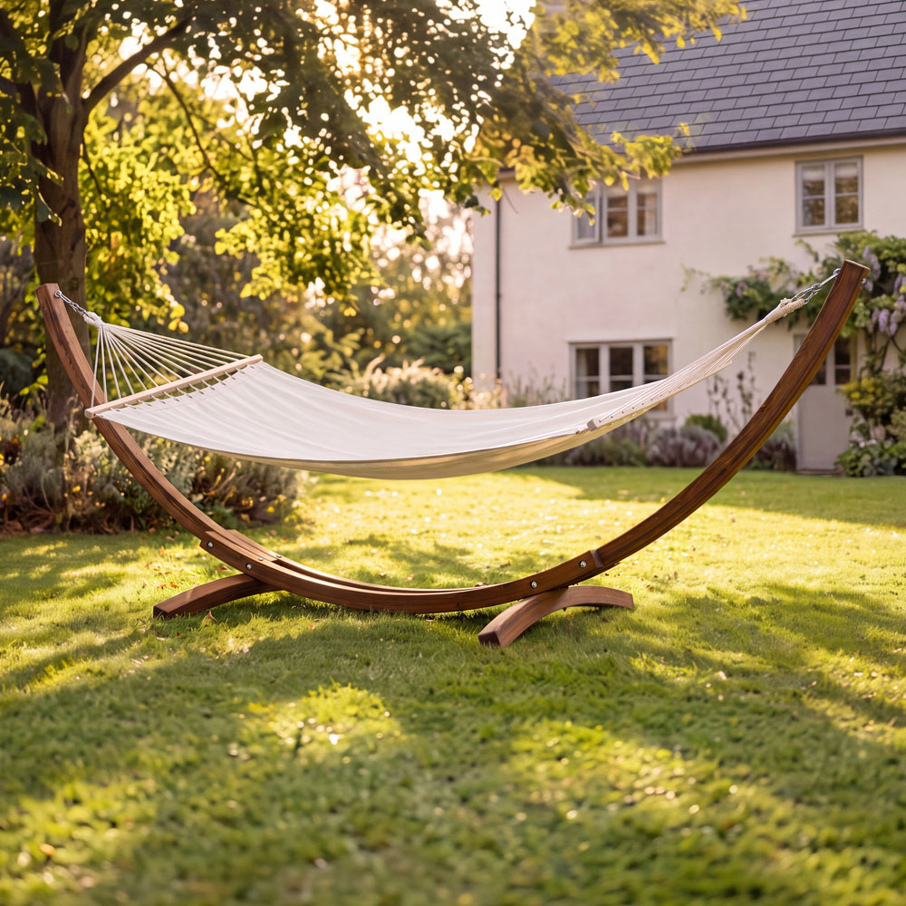 Charles Bentley Cream Canvas Hammock with Wooden Arc Stand Image 1