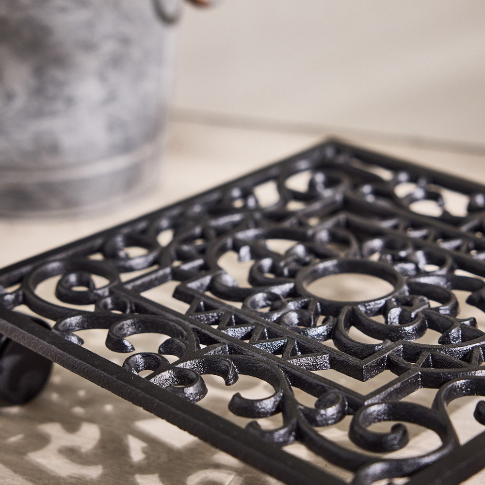 Dibor Oak Brown Cast Iron Spiral Motifs Rolling Plant Stand Image 4