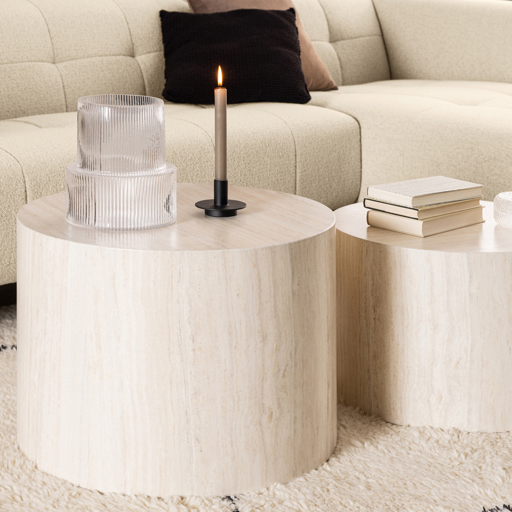 Florence Dice Round Light Travertine Effect Coffee Table Set of 2 Image 5