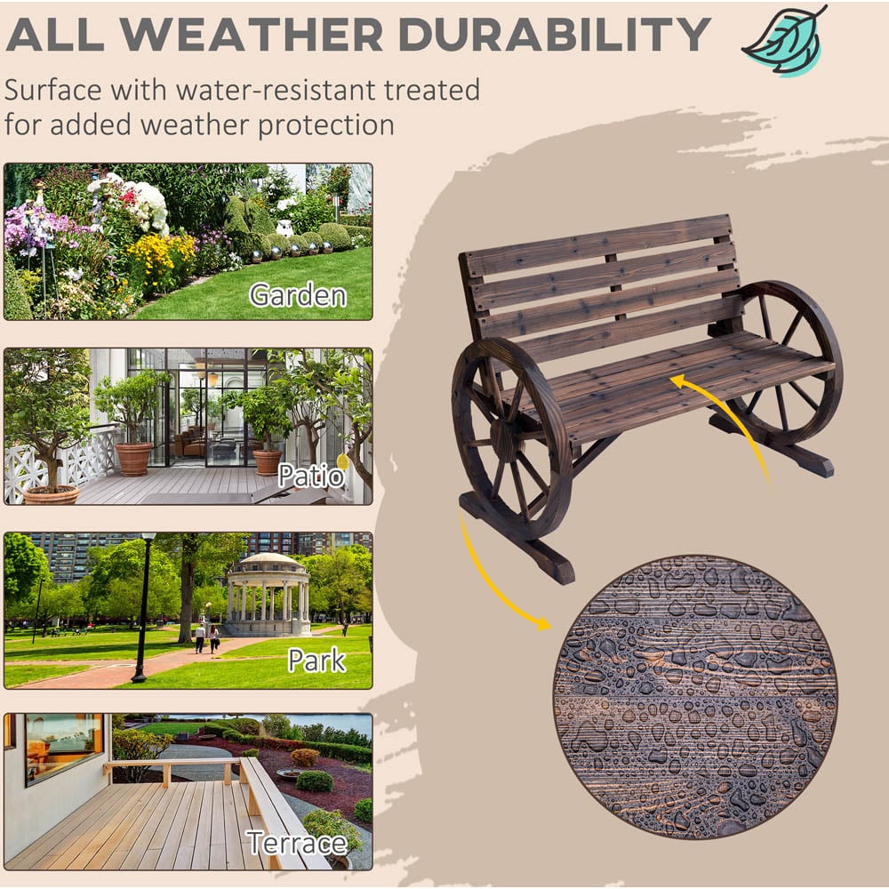 Outsunny 2 Seater Brown Wooden Bench with Wagon Wheel Image 6