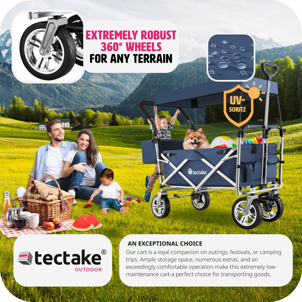 tectake Nico Blue Foldable Garden Trolley with Roof Image 6