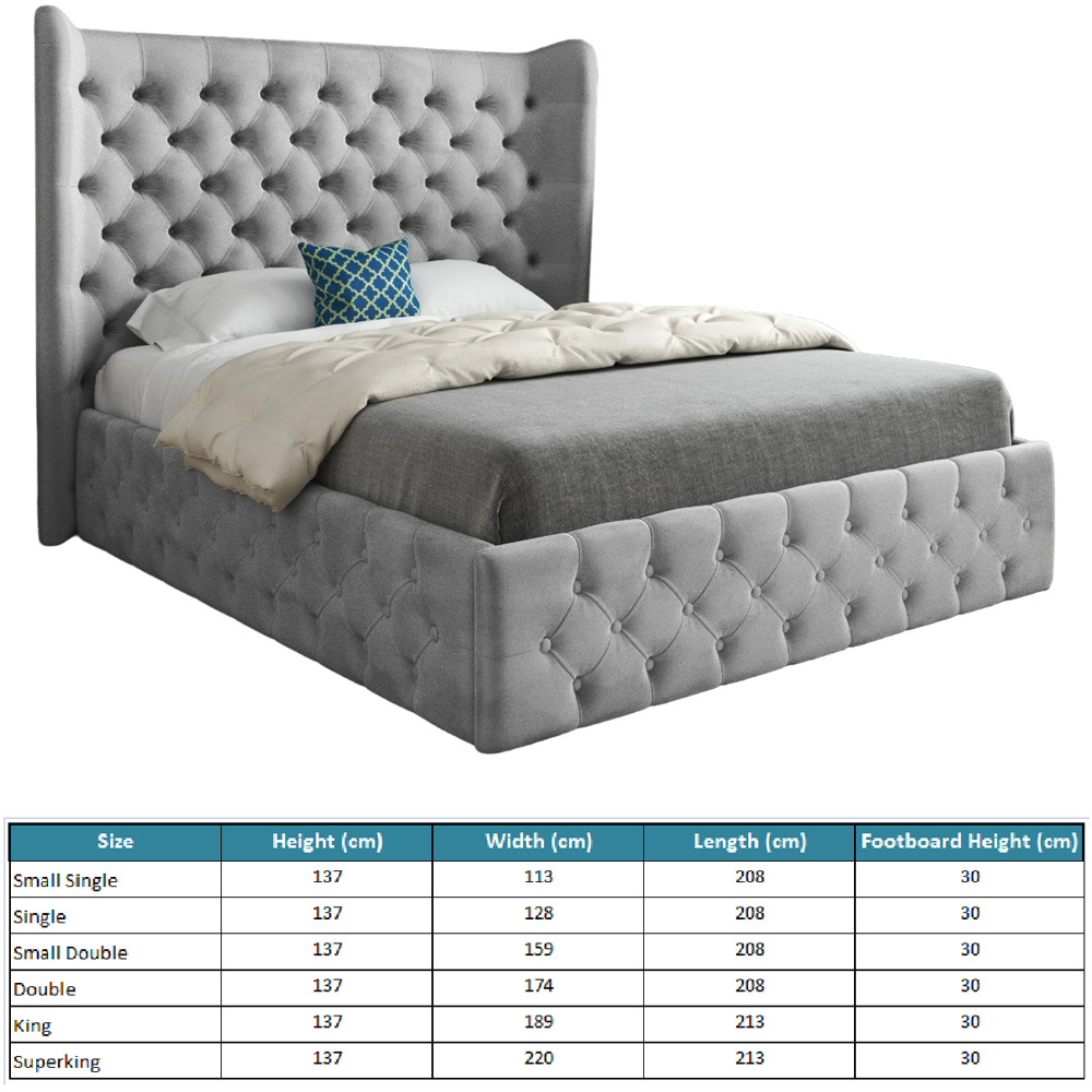 Florence Grey Small Double Velvet Upholstered Bed Frame with Wide Winged Chesterfield Headboard Image 7