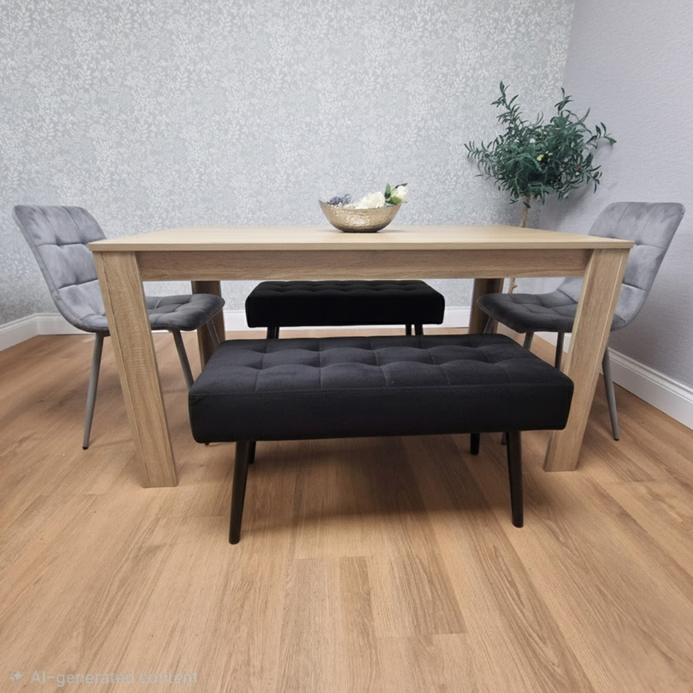 Portland 4 Seater Velvet Wooden Dining Set with Bench Oak Effect Grey and Black Image 5