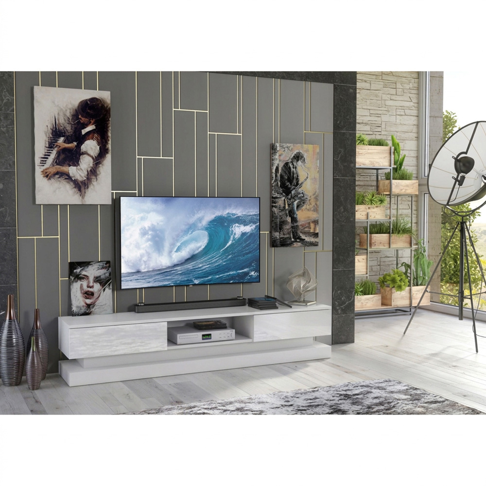 Creative Furniture Bloom White and White Gloss 2 Door Single Shelf TV Unit Image 4