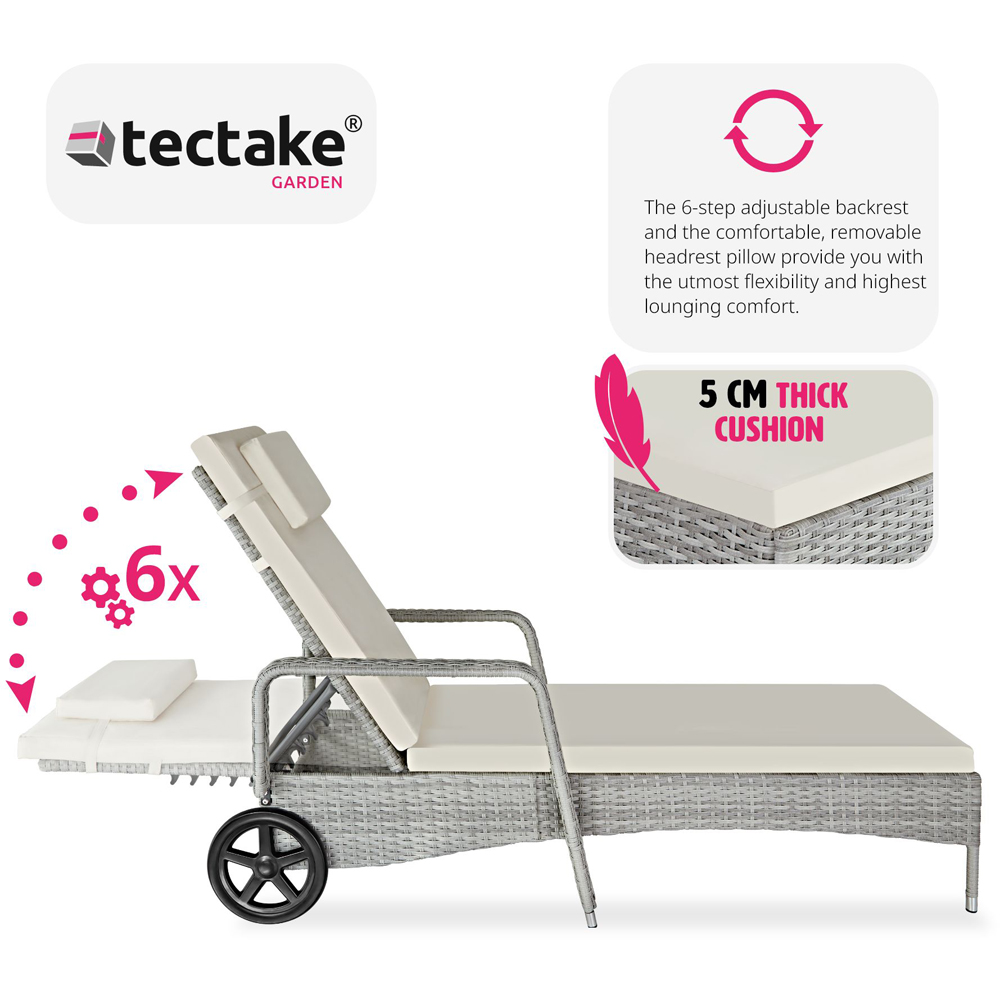 tectake Cassis Light Grey 6 Level Adjustable Sun Lounger with Removable Headrest and Wheels Image 4