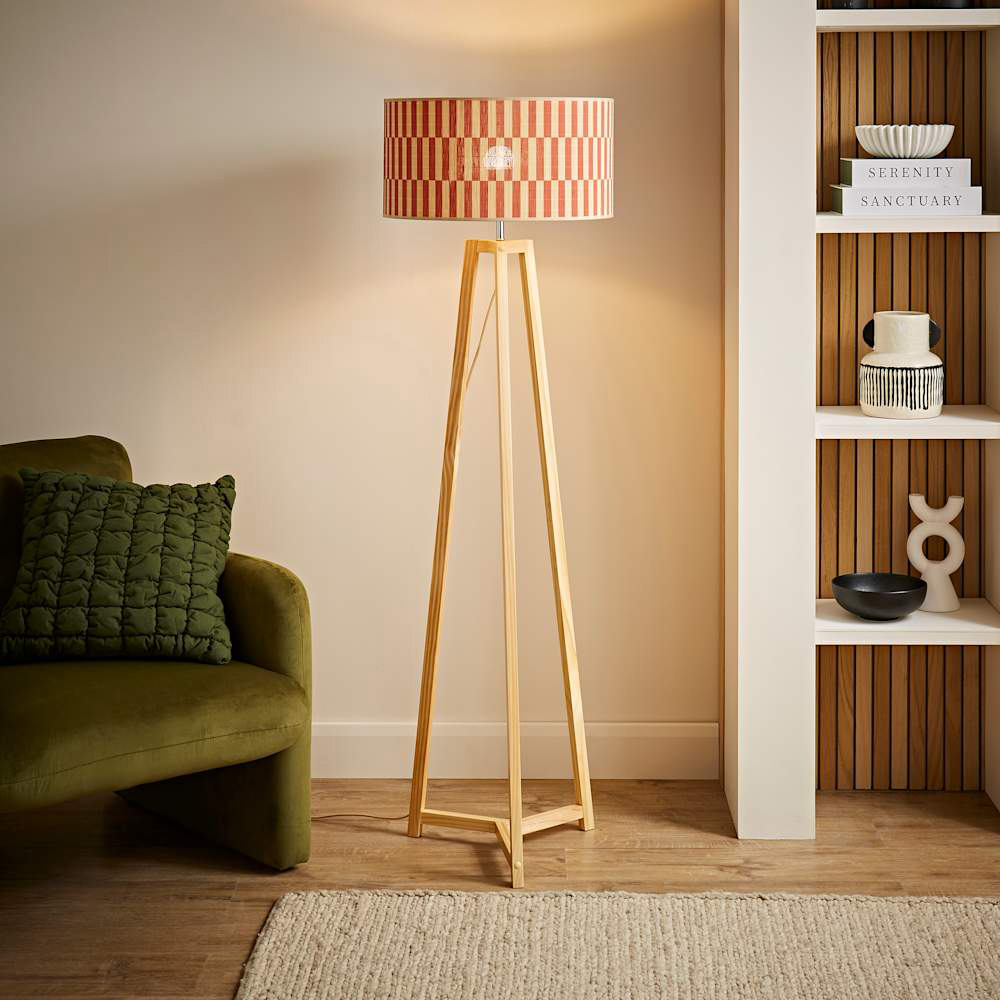 ValueLights Lottie Orange Checkerboard Bamboo Shade Wooden Tripod LED Floor Lamp with Bulb Image 3