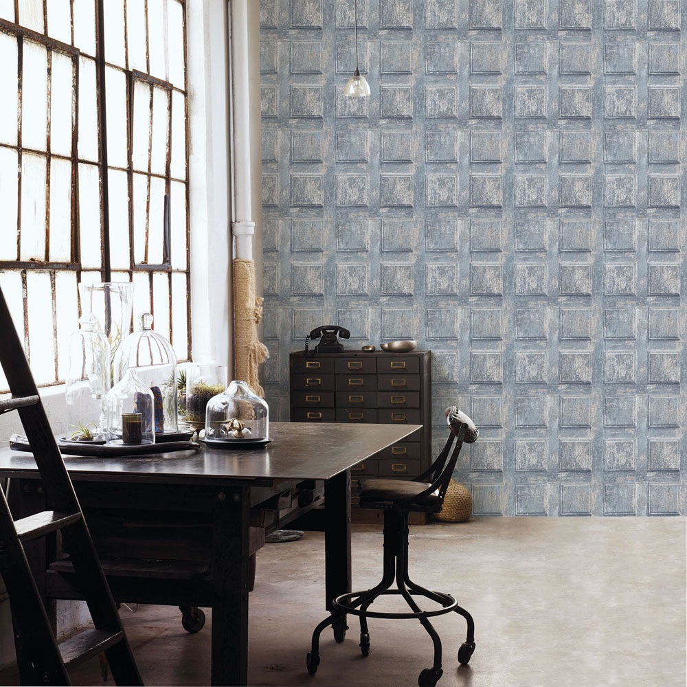 Galerie Nostalgie Wood Grain Panel Blue and Beige Wallpaper Image 2