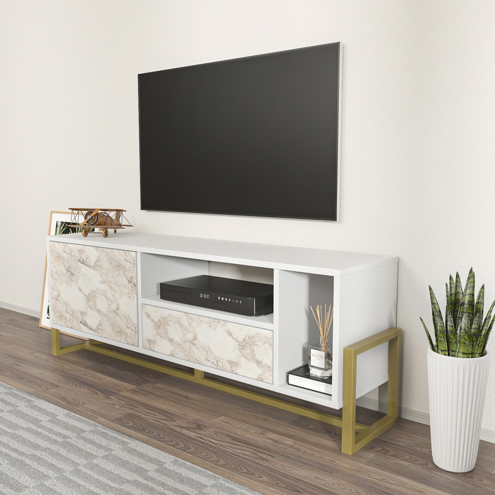 Decorotika Utopie Single Drawer Single Door 2 Shelf White and White Marble Effect TV Unit Image 8