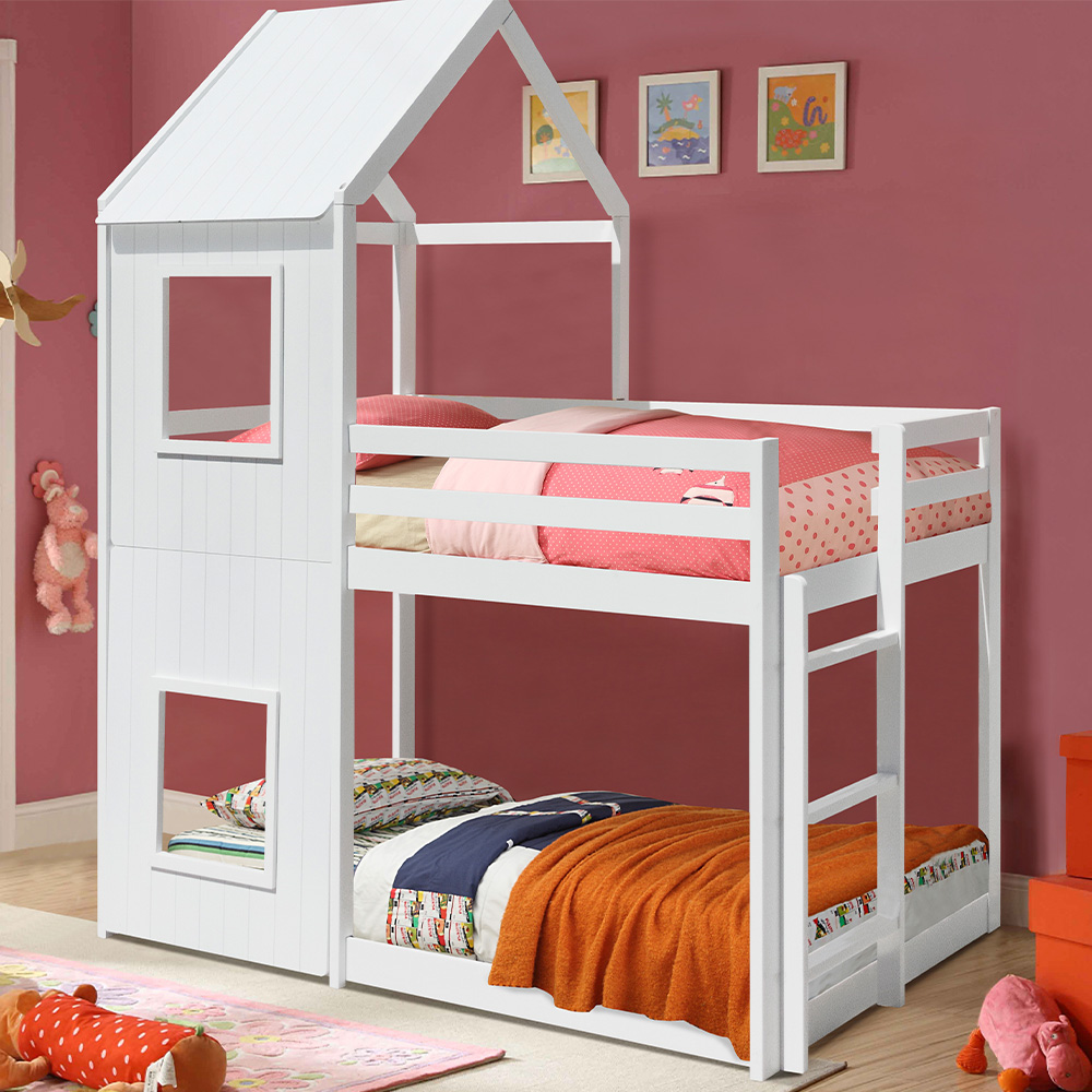 Comfy Living House Style White Wooden Bunk Bed Image 1