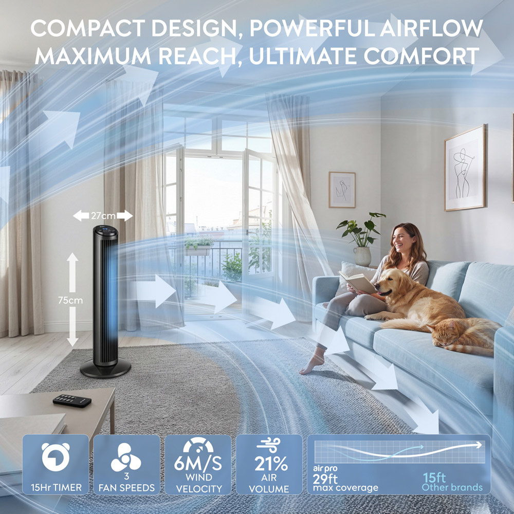 Air Pro Grey SmartVoice Control Oscillating Bladeless Tower Fan with Remote 30 inch Image 9