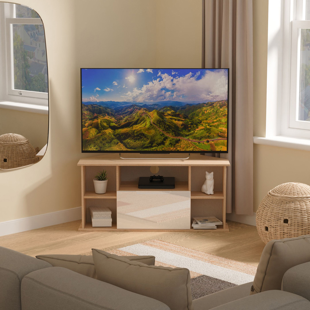 Crowndale Milan Single Drawer 5 Shelf White Gloss and Bardolino Oak Corner TV Unit Ready Assembled Image 7