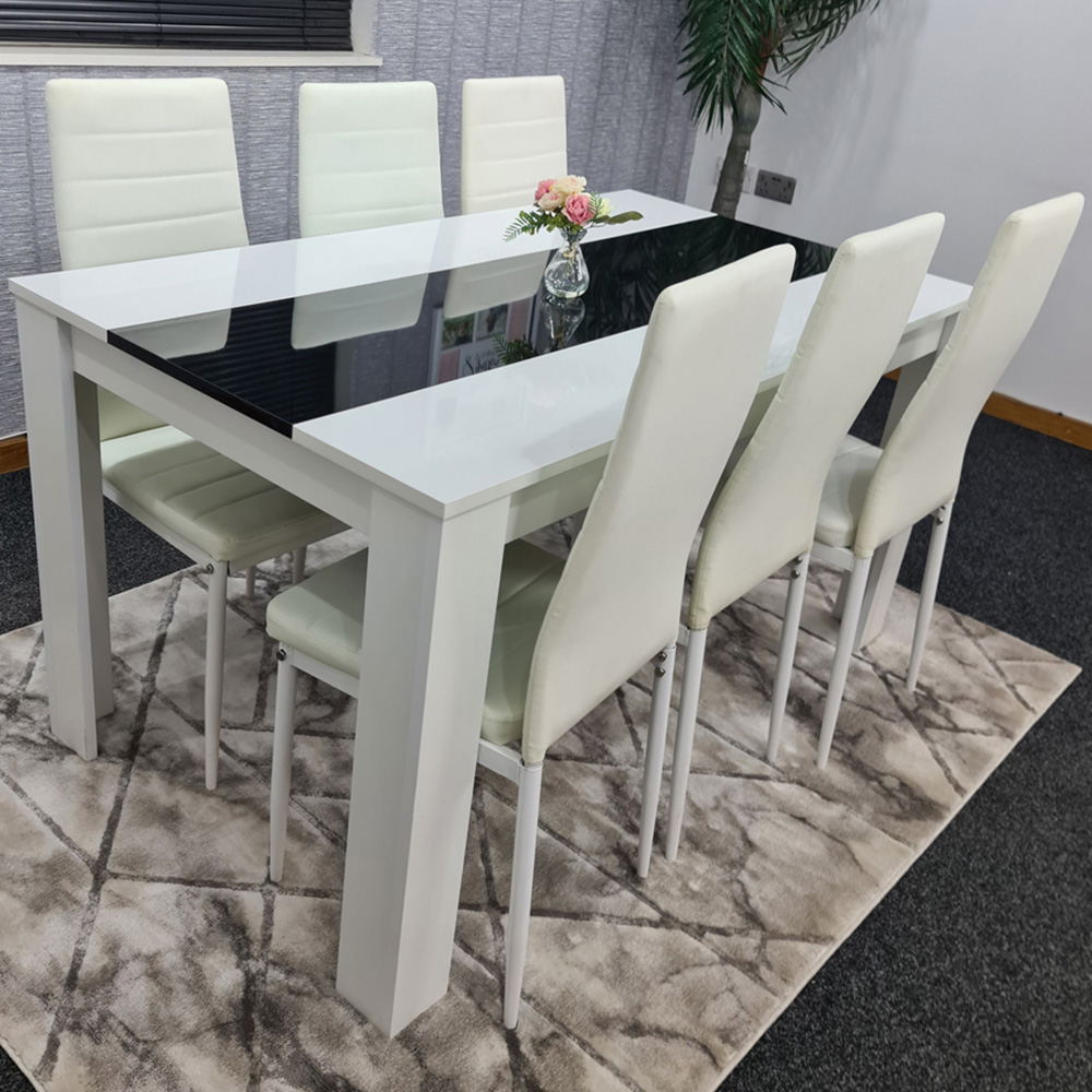 Portland Leather and Wood 6 Seater Dining Set White Image 1