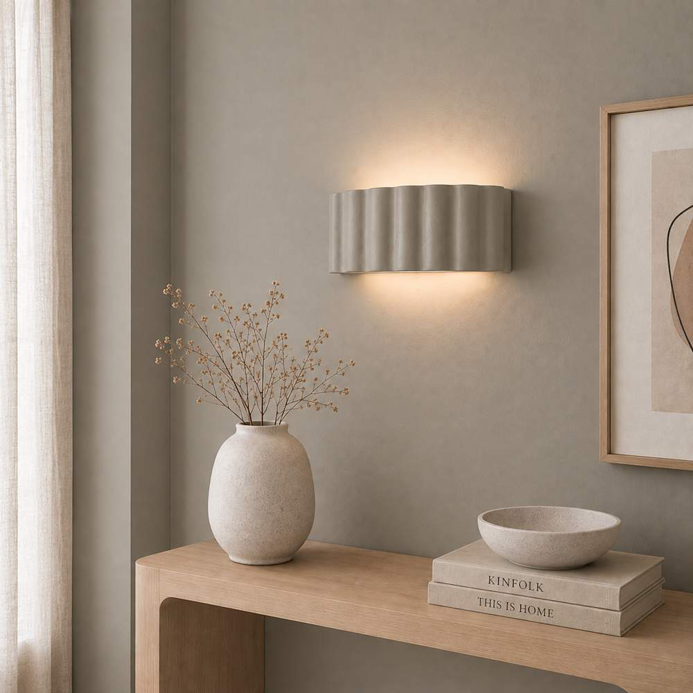 ValueLights Pablo Moss Green Ribbed Ceramic Flush Wall Light with Bulb Image 5